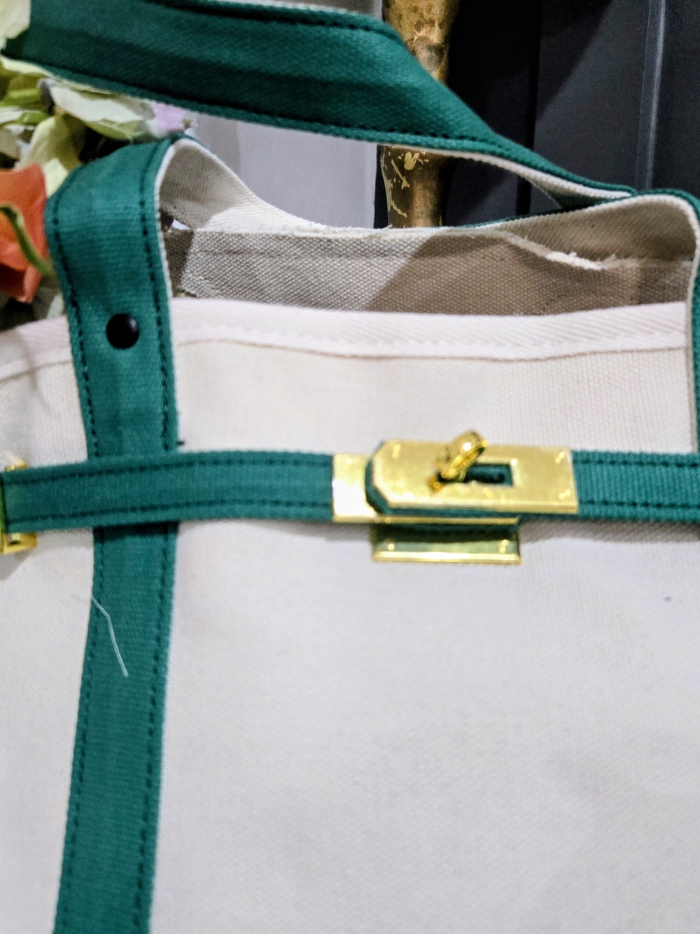 Stylish Canvas Boat Tote - Cream & Forest Green, NEW - Picture 3 of 11